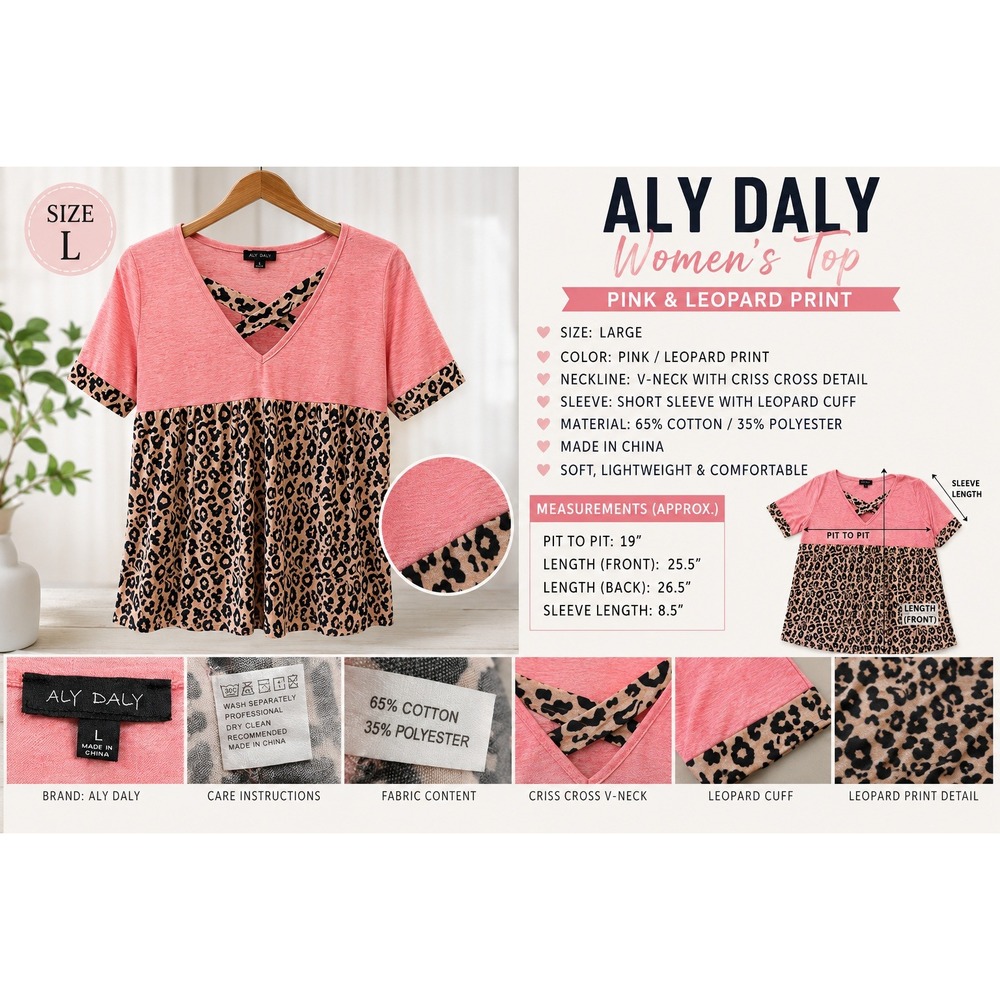 Aly Daly Womens Pink Leopard Print V-Neck Criss Cross Babydoll Top Large